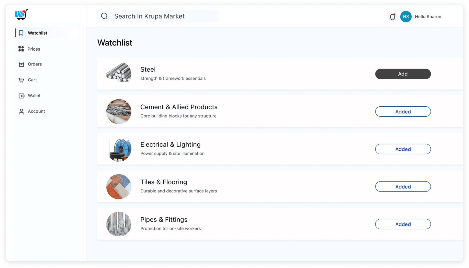 Krupa Market Dashboard showing watchlist and price tracking